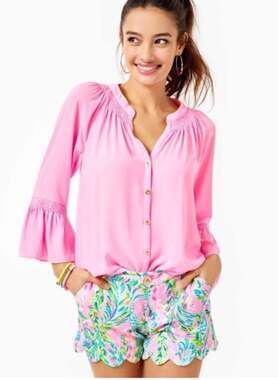 Lilly Pulitzer Jane Smocked Bell Sleeve Blouse Pink Size XXS